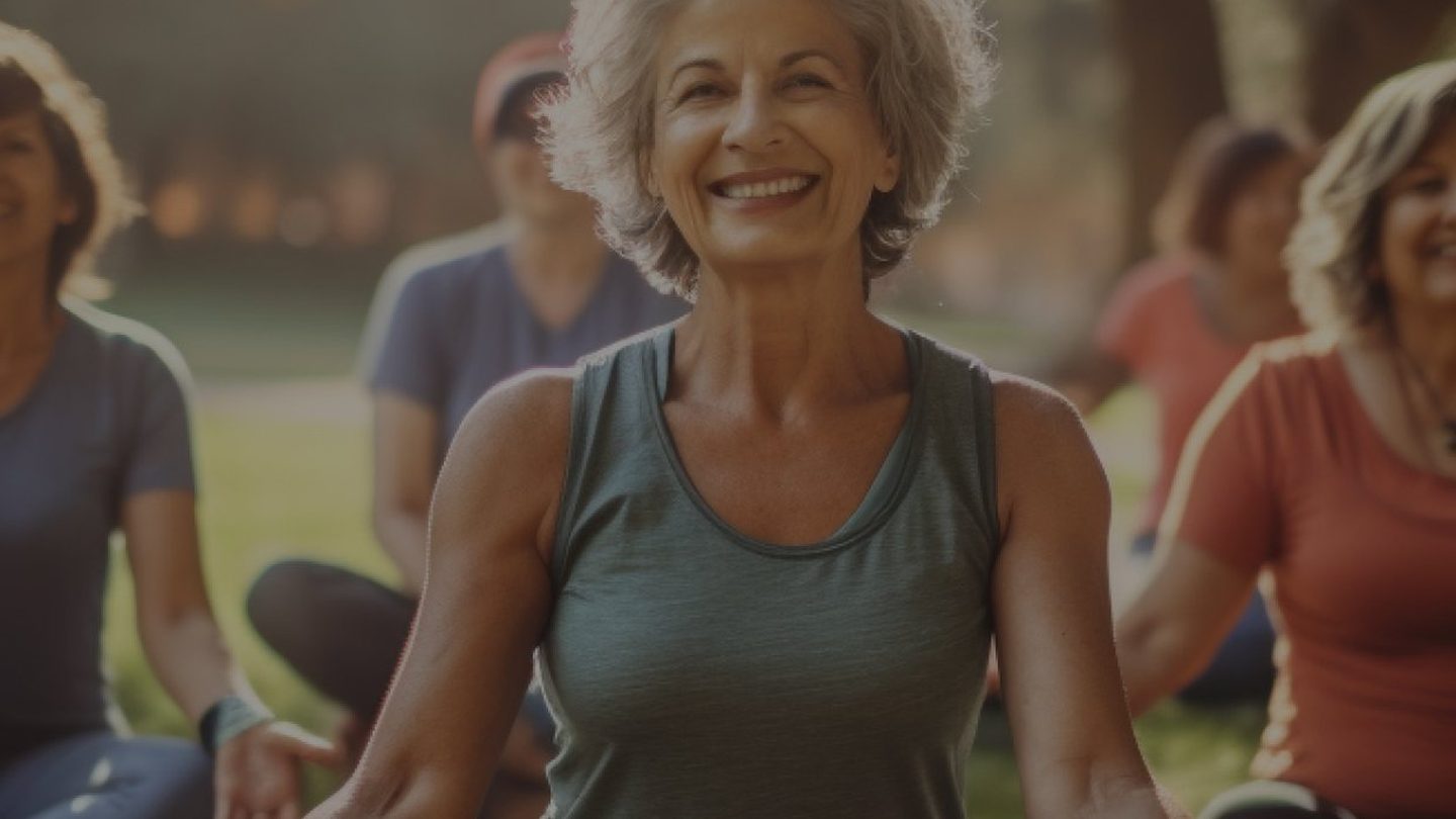 Group of older women doing yoga outdoors
